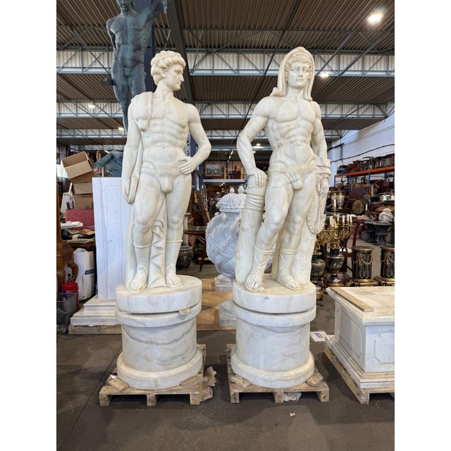 Figures on Round Bases in Solid Carrara Marble, Set of 2 For Sale - Image 11 of 15