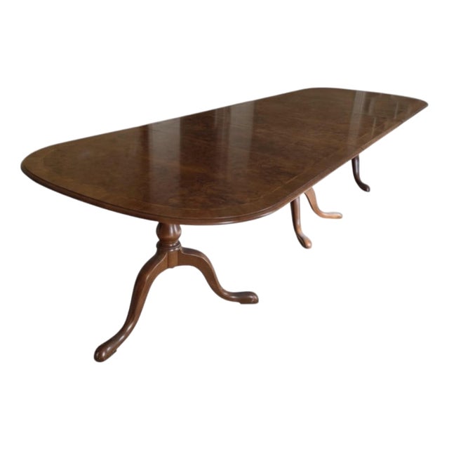 Monumental 12-Foot Figured Burl Wood Triple Pedestal Extension Dining Table For Sale