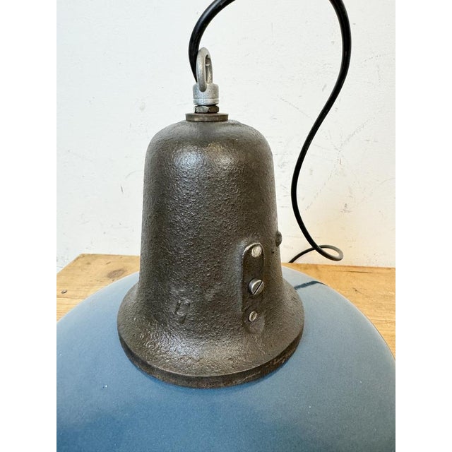 Industrial Blue Enamel Factory Lamp with Cast Iron Top, 1960s For Sale - Image 12 of 18