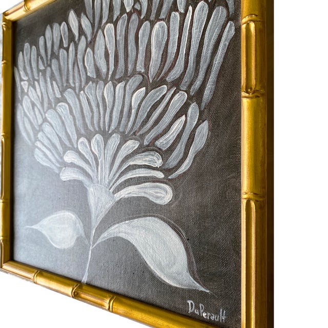 Medium: Acrylic and oil on canvas Frame: Gold bamboo-style, gilded Size: 13" x 13" Artist: Tatiana Duperault Condition:...