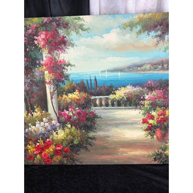 Mid 20th Century Vintage Italian Lake Como Oil Painting, Large Mediterranean Villa Garden Canvas Art 36" X 24" For Sale - Image 5 of 12