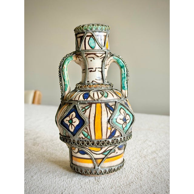 Antique Moroccan Hand-Painted Ceramic Vase With Intricate Metal Filigree Overlay, Double Handle Moorish Vessel For Sale In Los Angeles - Image 6 of 9