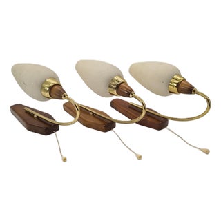 Mid-Century Modern Wall Sconces in Wood and Brass, 1950s-1960s, Set of 3 For Sale