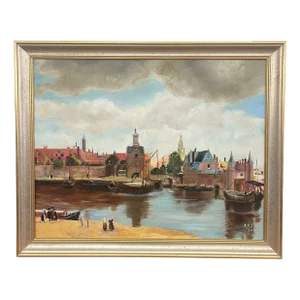 Vintage Mid Century Modern Village Harbor Scene. Signed ‘94. Original Painting.