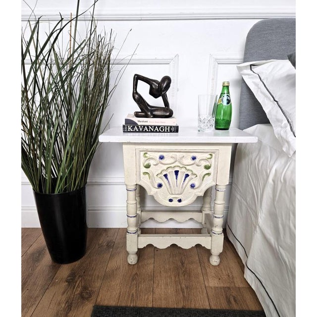 Italian Riviera beachside house style pair of bed side night stands tables in white and blue painted wood with front...