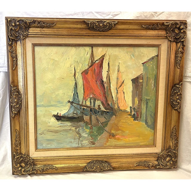 Early 20th Century Original Framed Oil Painting on Canvas 'Seaside Dock' Attributed to Louise Minert Kelly (American 1876-1945) For Sale In West Palm - Image 6 of 17