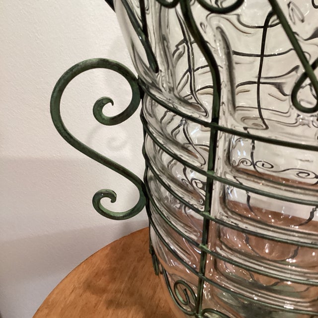 Mid 20th Century Large Hand Blown Caged Glass Footed Vase Wrought Iron Frame Scroll Handles For Sale - Image 5 of 12