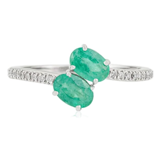 Toi Et Moi 1ct Oval Emerald & Diamond Bypass Ring in 14k White Gold Size 4 For Sale