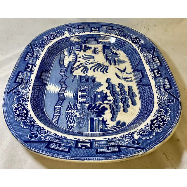 Ceramic Antique Oval Blue Willow Serving Platter From England - Circa 1880 For Sale - Image 7 of 12