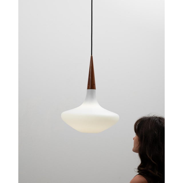 Glass 1950s Dutch Philips Wood and Opal Glass Pendant Lamp By Louis Kalff For Sale - Image 7 of 18