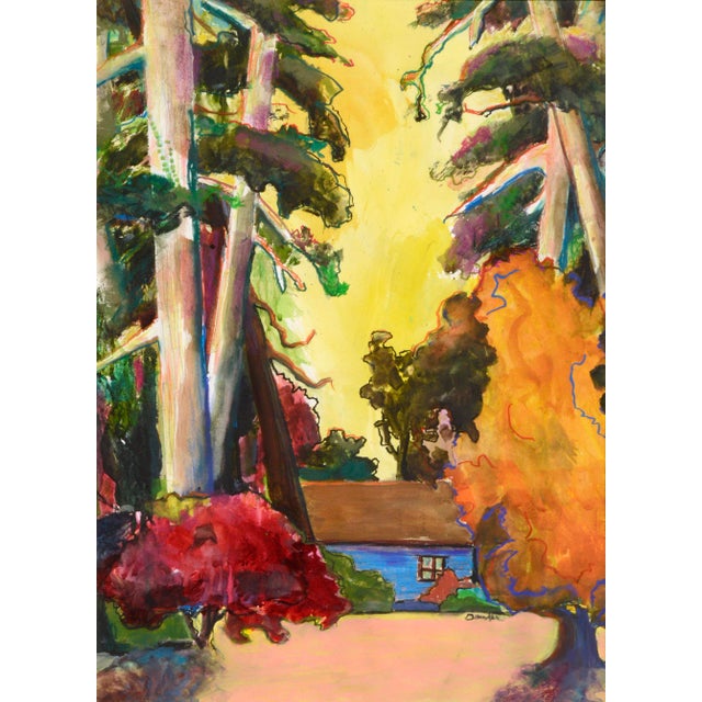 Brightly colored landscape of a cabin in the woods by Karen Druker (American, 1945). Signed "Druker" in the lower right...