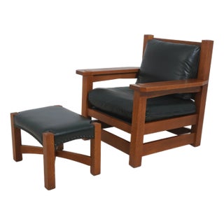 Stickley Eastwood Mission Oak Leather Chair With Ottoman For Sale