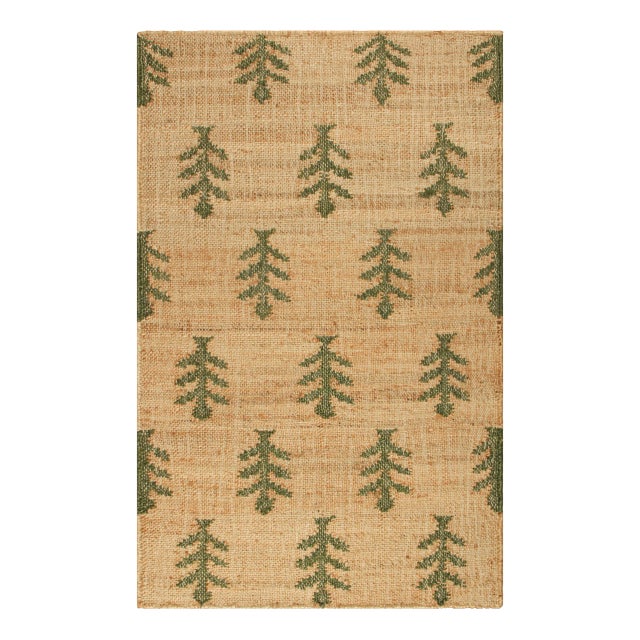 Rug & Kilim's Block Print Flatweave Rug in Beige with Green Floral Patterns - 14x20 For Sale