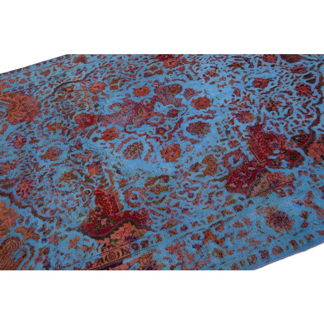 1960s Blue Vintage Persian Overdyed Scatter Wool Rug With Floral Motif For Sale - Image 5 of 8