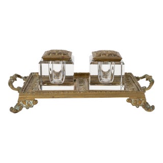 Antique French Double Inkwell Desk Set With Original Glass Inserts For Sale