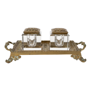 Antique French Double Inkwell Desk Set With Original Glass Inserts