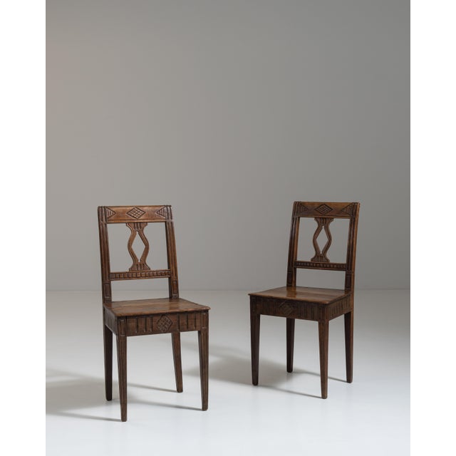 19th Century Pair of 19th Century French Chestnut Brown Carved Oak Chairs For Sale - Image 5 of 15