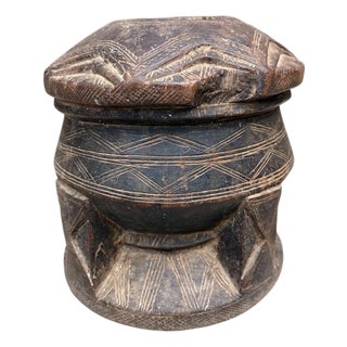 Vintage Hand-Carved African Tribal Lidded Vessel For Sale