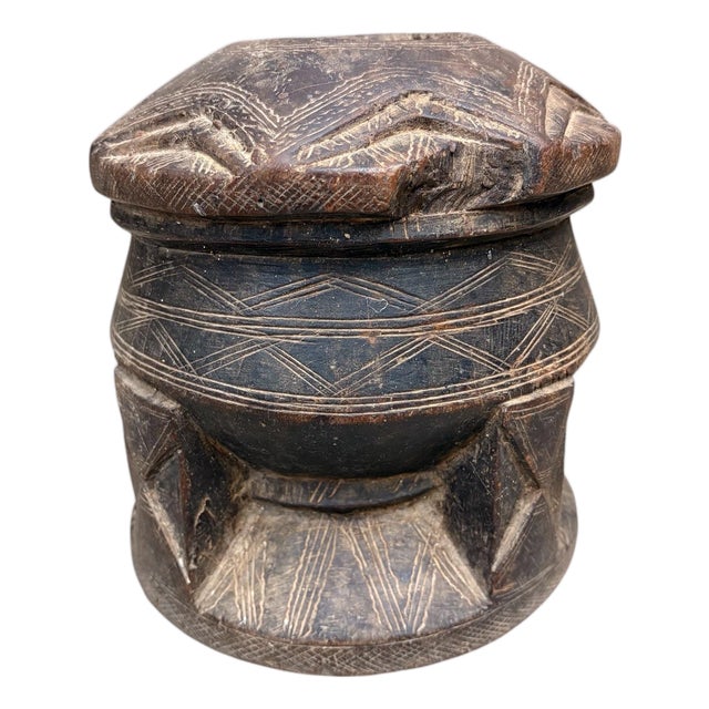 Vintage Hand-Carved African Tribal Lidded Vessel For Sale