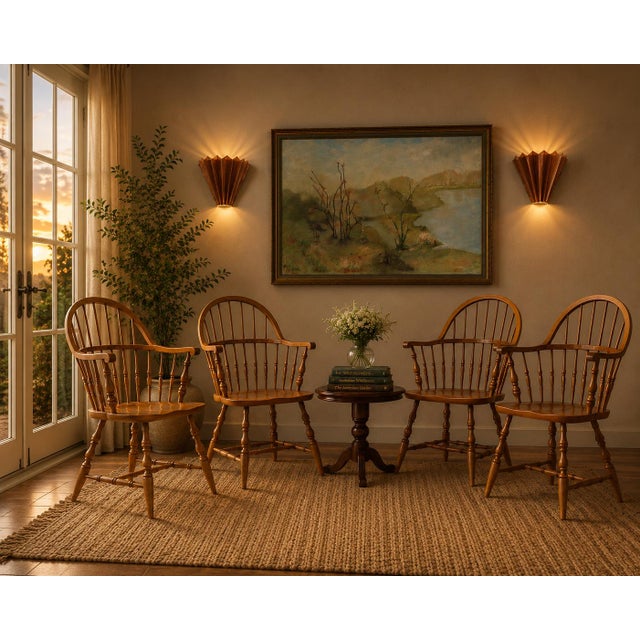 Mid-Century Modern 1980s Tiger Maple Set of Four Windsor Chairs With Beautiful Patina For Sale - Image 3 of 10