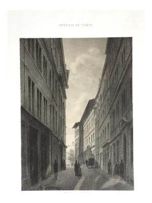 Interieur de Geneve. Rue de l'Hotel de Ville - Lithograph by A. Fontanesi - 1854 1854