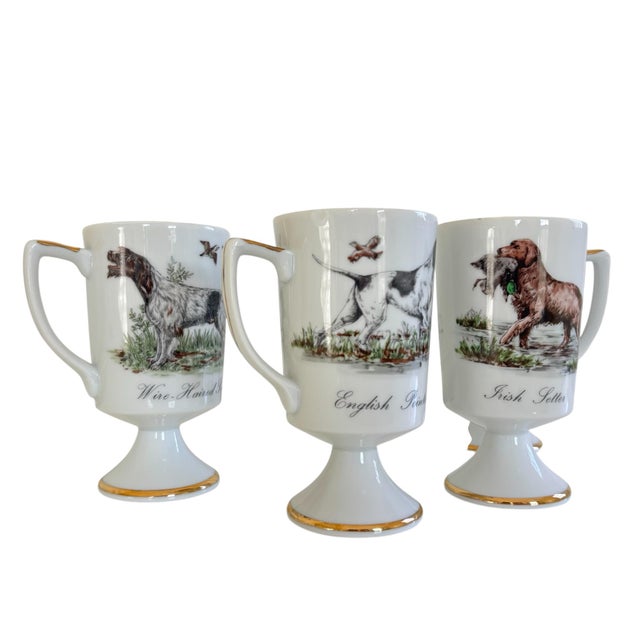 English English Traditional Vintage Hand Painted Porcelain Sporting Dog Pedestal Mug Set (4) For Sale - Image 3 of 9
