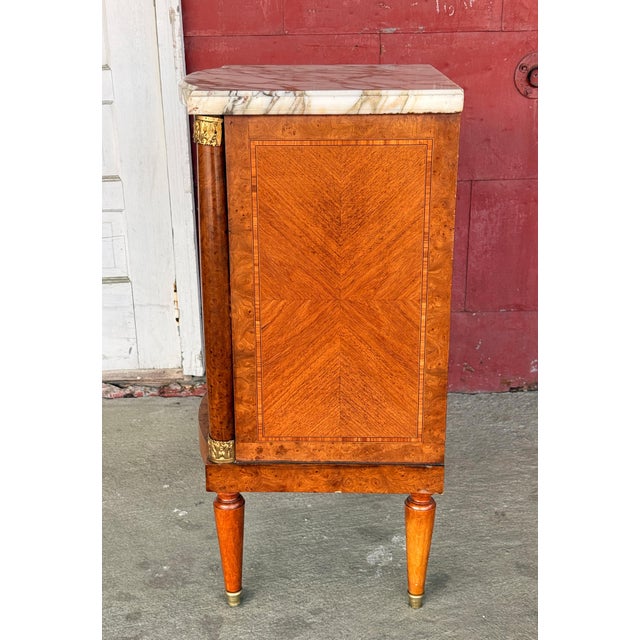 Antique French Empire Style Marquetry Cabinet / Nightstand With Marble Top and Gold Gilt Bronze Mounts For Sale - Image 9 of 13