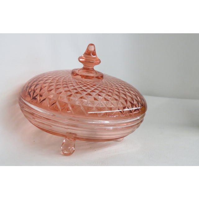 Pink Depression Glass 3 Footed Candy Dish With Diamond Quilt Pattern Lid 4757b For Sale - Image 13 of 14