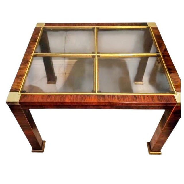 Rare 1970s Hollywood Regency Flamed Burl Wood, Copper, Brass, and Glass 4-Piece Table Set For Sale - Image 4 of 12