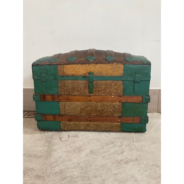 Large Antique Victorian Oak Banded Dome Top Steamer Trunk Chest, Maier For Sale - Image 4 of 16