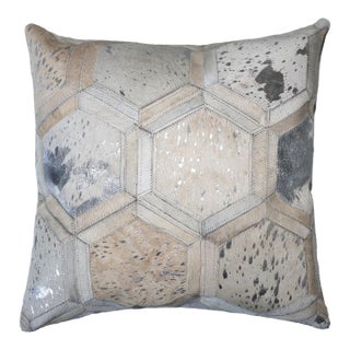 Luxury Silver Metallic Honeycomb Genuine Cowhide Pillow 18x18 | Handmade Designer Leather Cushion For Sale
