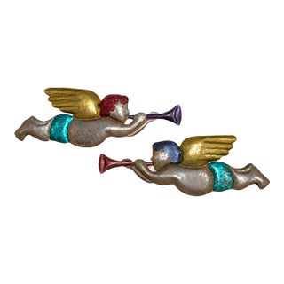 Vintage Jewel-Tone Metal Trumpeting Angels — Christmas Holiday Decor, Pair For Sale