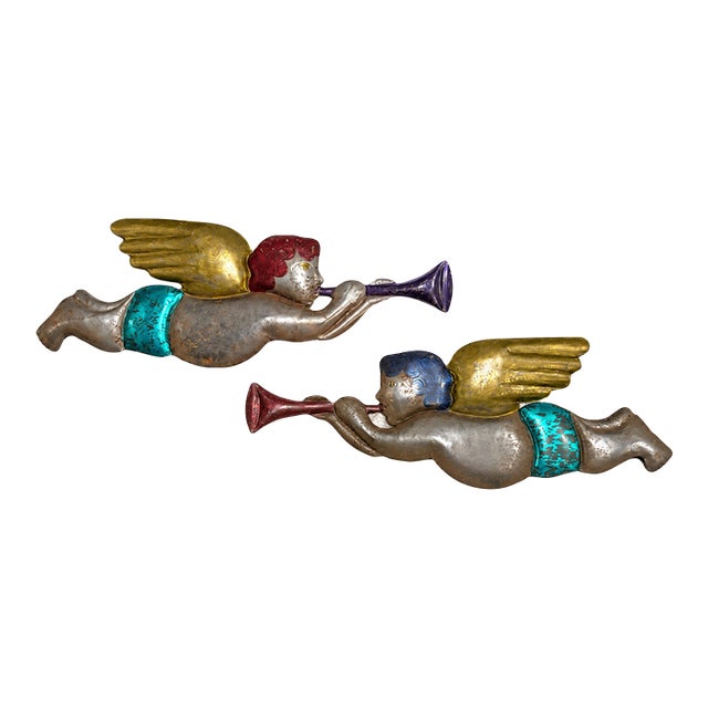 Vintage Jewel-Tone Metal Trumpeting Angels — Christmas Holiday Decor, Pair For Sale