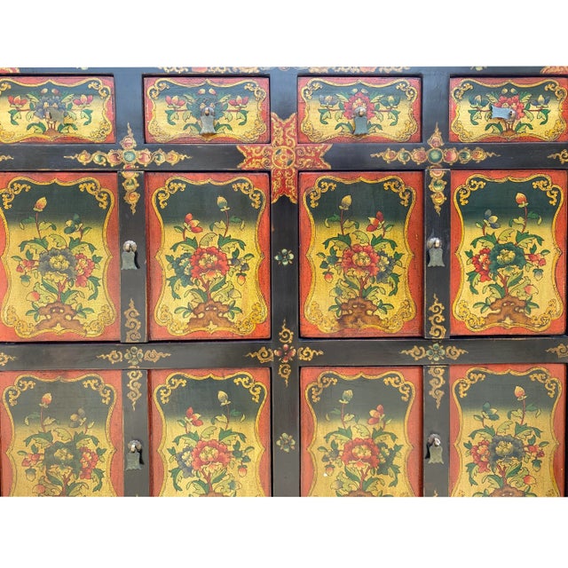 Chinese Tibetan Orange Yellow Flower Graphic Storage Cabinet For Sale In San Francisco - Image 6 of 7