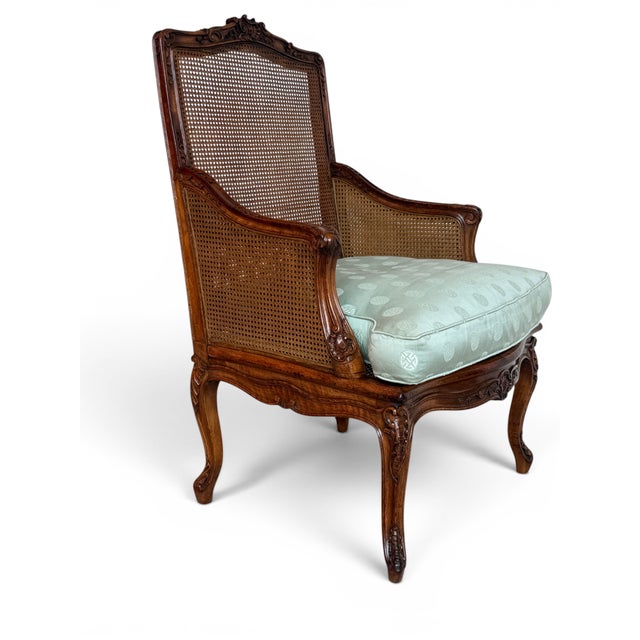 Vintage Louis XV Style Caned Bergère Walnut Chair For Sale - Image 9 of 13