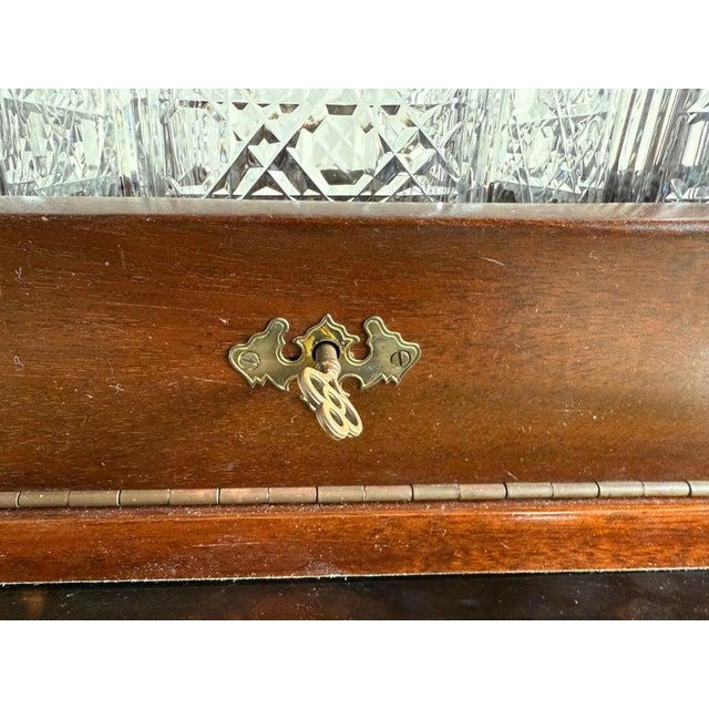 Victorian Tantalus Decanter Set: Crystal, Oak & Brass Hardware For Sale - Image 17 of 18