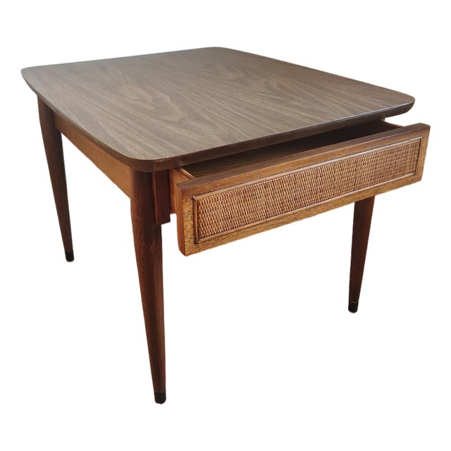 Mid-Century Modern American of Martinsville End Table – With Woven Rattan Drawer, Circa 1960s For Sale