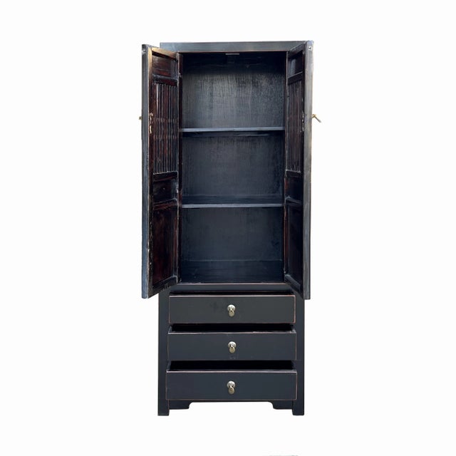 Rustic Oriental Black Narrow Wood Carving Shutter Doors Drawers Storage Cabinet For Sale - Image 3 of 5