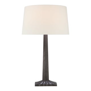 Chapman & Myers by Visual Comfort Signature Strie Fluted Column Table Lamp in Aged Iron with Linen Shade For Sale