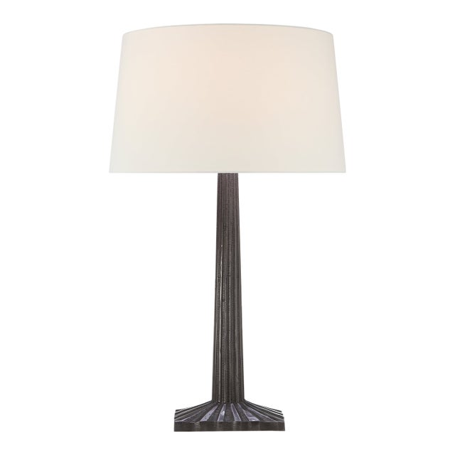 Chapman & Myers by Visual Comfort Signature Strie Fluted Column Table Lamp in Aged Iron with Linen Shade For Sale