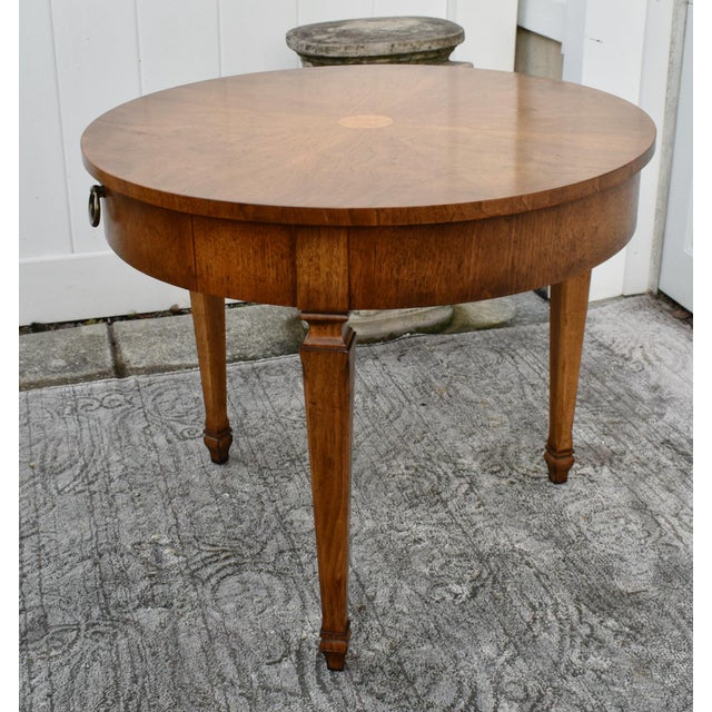 Wood Vintage Baker - Millings Road Round Inlaid Burl & Fruitwood Mid Century Table For Sale - Image 7 of 12