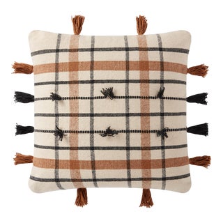 Loloi Handwoven Plaid Striped Pillow with Tassels, Natural / Brown - 18" x 18" Cover with Down Pillow For Sale