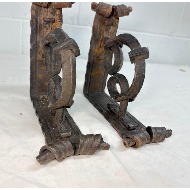 Pair of Antique Ornate Thick Hand Wrought Iron Wall Brackets Corbels Sconces 2 For Sale - Image 4 of 9