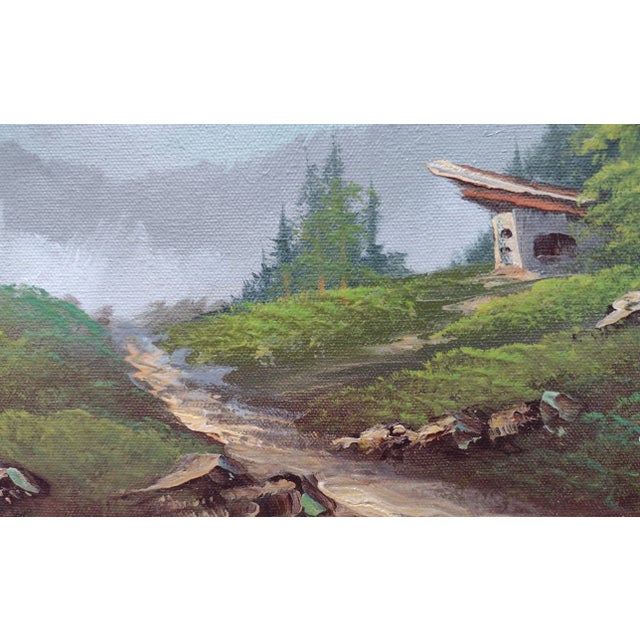 This is a lovely mid 20th century impressionist landscape of a fairy tale setting with snowy mountains above a forest and...
