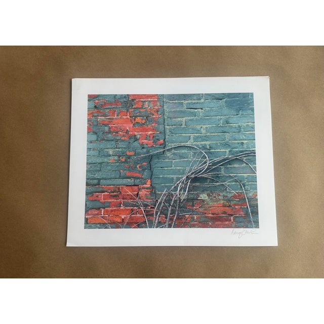 A striking study in texture and contrast, this giclée print captures a weathered brick wall layered with timeworn paint in...