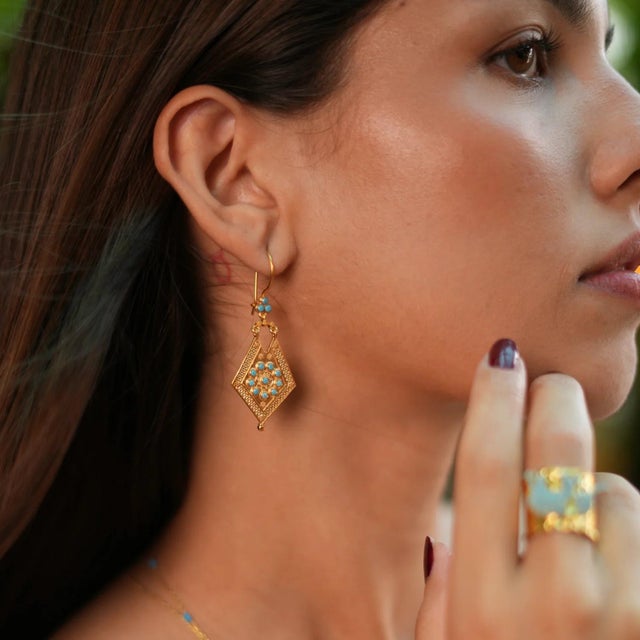 Step into timeless elegance with the Vintage Style Gold & Turquoise Design Dangle Earrings. These exquisite earrings are...