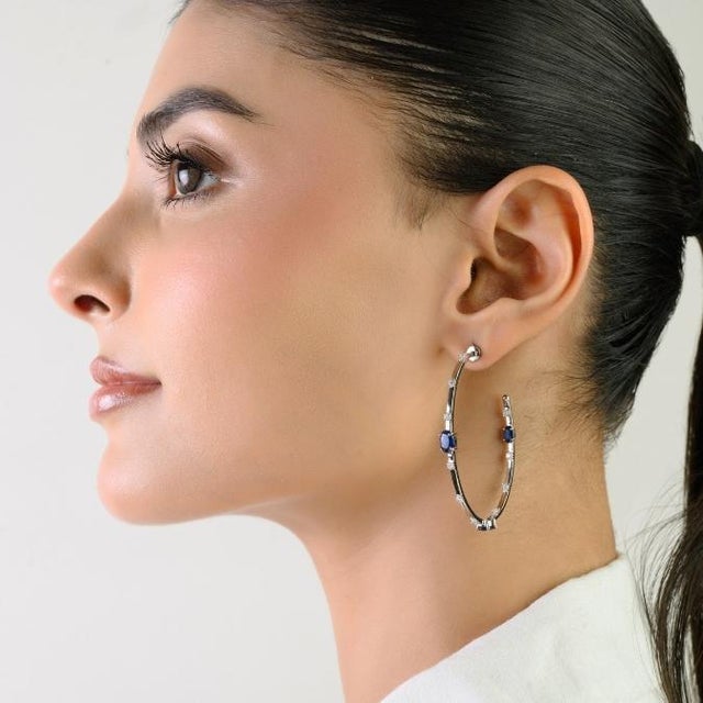 Classic European Inside Out Blue Sapphire Diamond 14k Gold Vintage Hoop Earrings For Sale In New York - Image 6 of 15