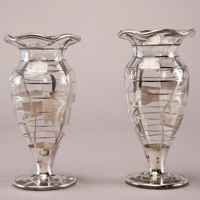 Metal 1940s Silver Overlay Glass Vases - a Pair For Sale - Image 7 of 10