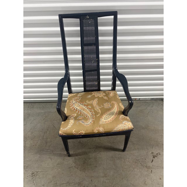 A striking vintage Asian Modern armchair retailed by John Stuart Inc. of New York. The chair features a tall architectural...