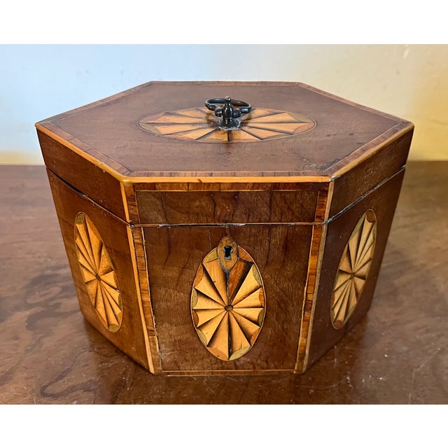 Antique Early 19th Century English George III Hexagonal Mahogany Tea Caddy of Elegant Proportion With Paterae Fan Inlay For Sale - Image 18 of 18